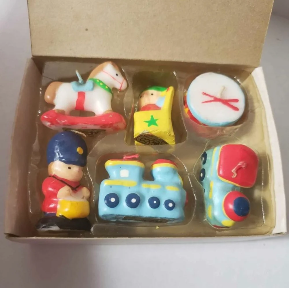 Vtg Enesco Cake Candle Toppers - Train Drum Jack-in- the-Box Teddy Bear Toy